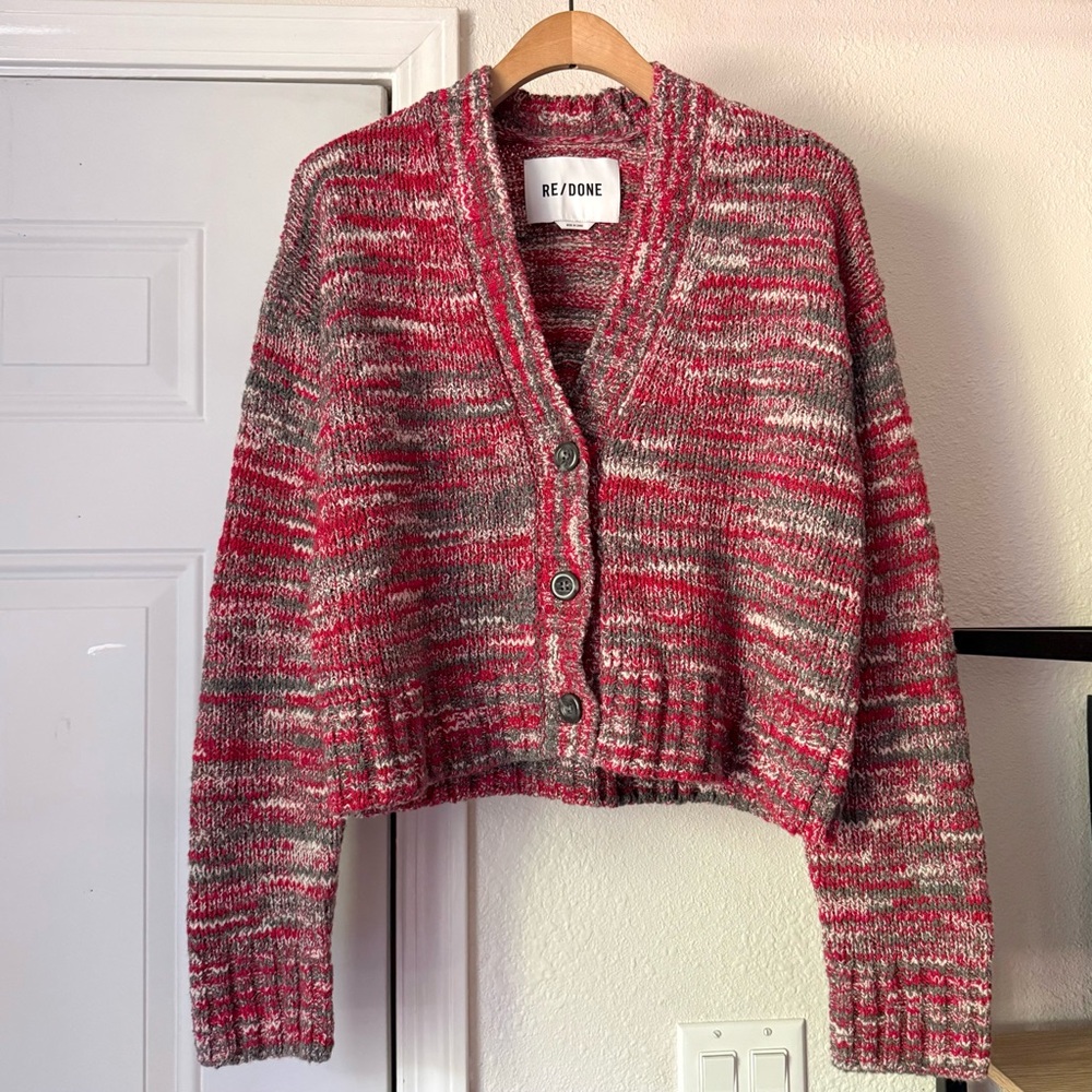 RE/DONE red chunky knit button up‎ long sleeve boxy cropped cardigan sweater